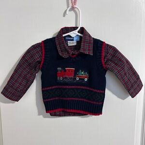 Kids Plaid Button-Up Shirt with Navy Christmas Vest